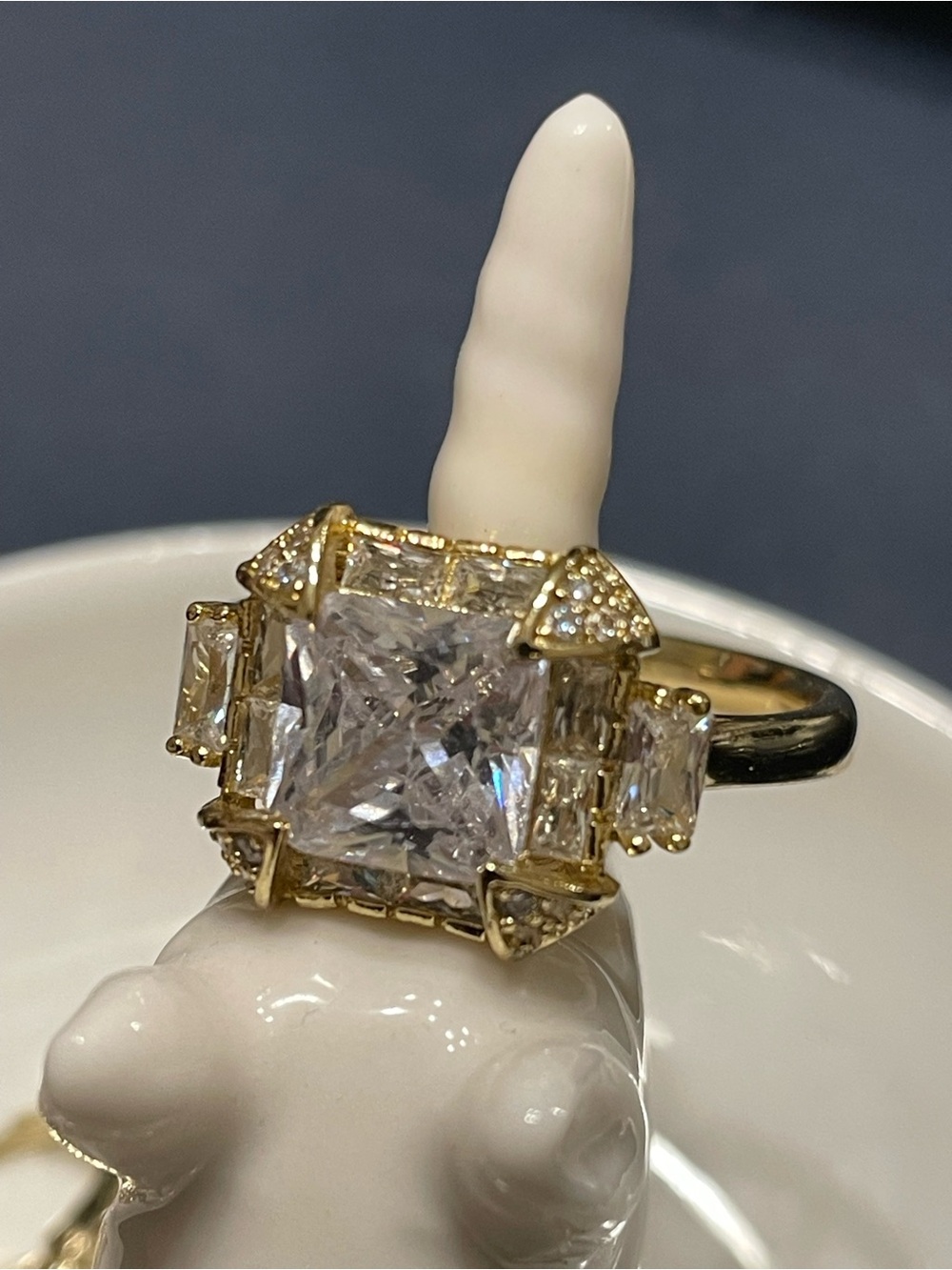 Gold Cocktail Ring with Large Clear Center Stone - Women Jewelry